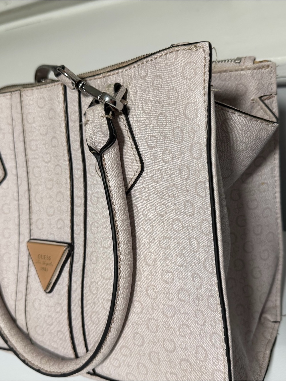 GUESS Light Pink Logo-Print Satchel with Triangle Plaque